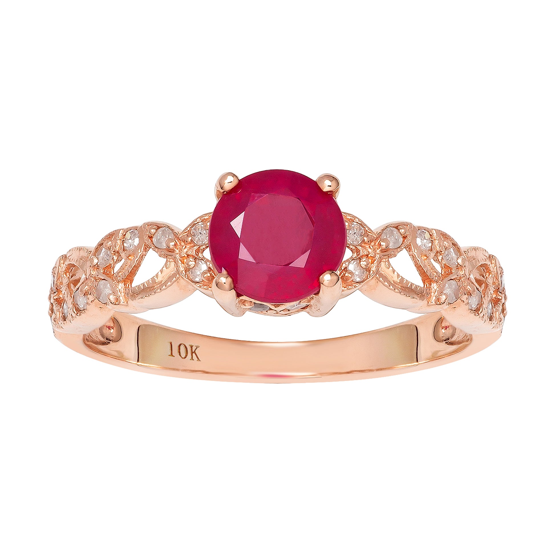 10k Rose Gold Vintage Style Genuine Round Ruby and Diamond Filigree Ring
