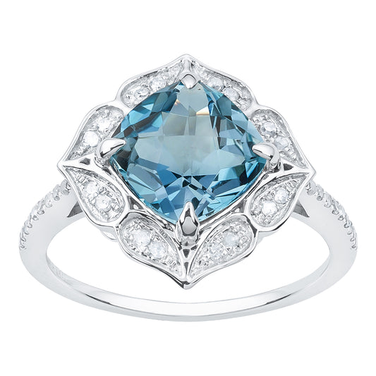 10k White Gold Vintage Style Cushion Blue Topaz and Diamond Ring