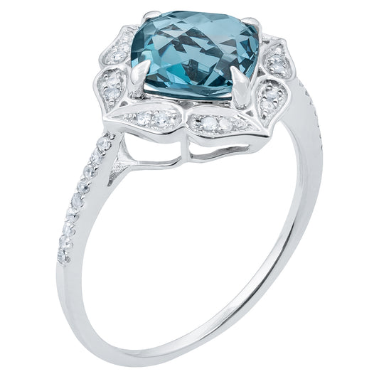 10k White Gold Vintage Style Cushion Blue Topaz and Diamond Ring