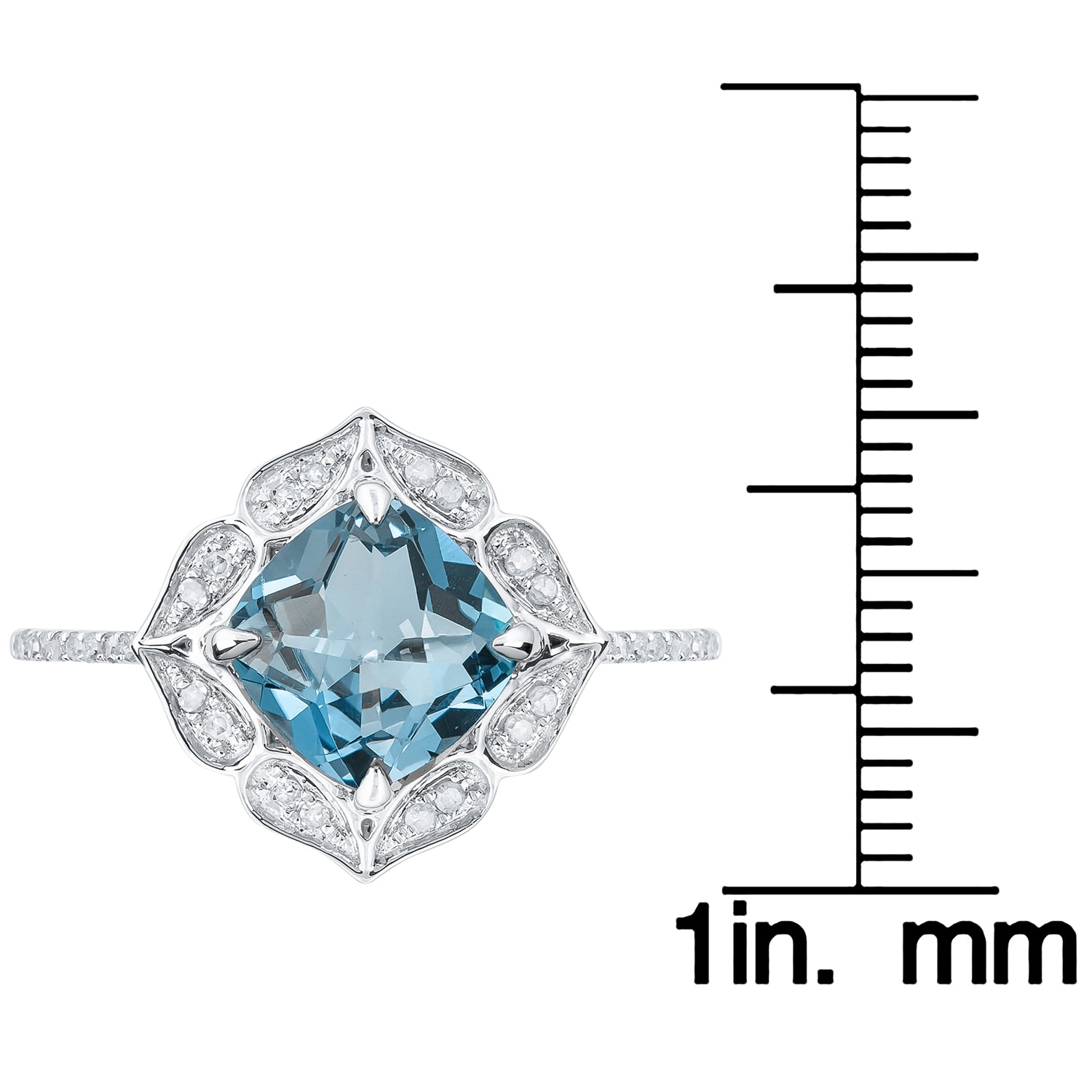10k White Gold Vintage Style Cushion Blue Topaz and Diamond Ring