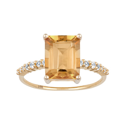 10k Yellow Gold Emerald-Cut Citrine and White Topaz Ring