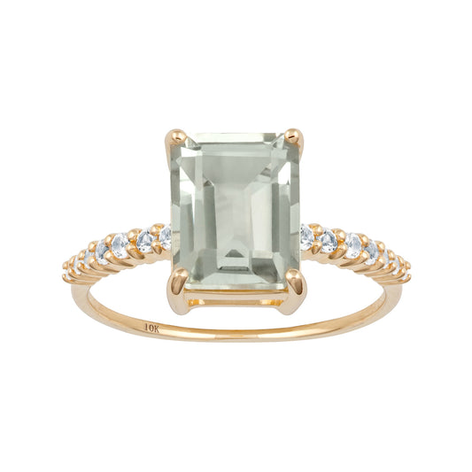 10k Yellow Gold Emerald-Cut Green Amethyst and White Topaz Ring