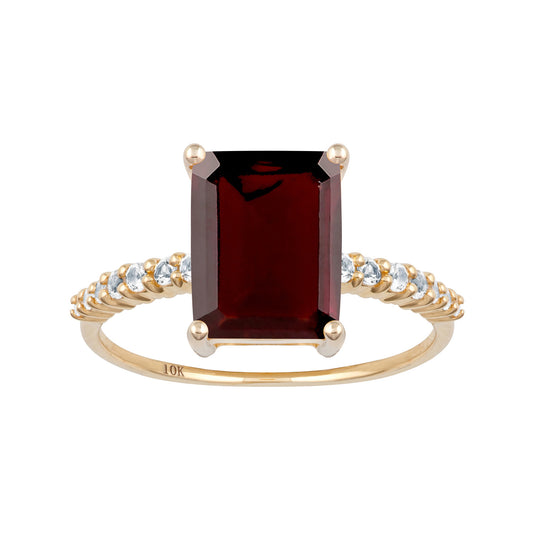 10k Yellow Gold Emerald-Cut Garnet and White Topaz Ring