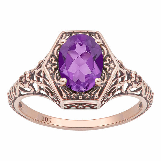 10k Rose Gold Vintage Style Genuine Oval Amethyst Filigree Ring