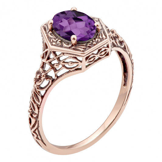 10k Rose Gold Vintage Style Genuine Oval Amethyst Filigree Ring