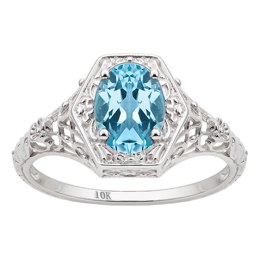 10k White Gold Vintage Style Genuine Oval Blue Topaz Filigree Ring