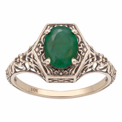 10k  Yellow Gold Vintage Style Genuine Oval Emerald Filigree Ring