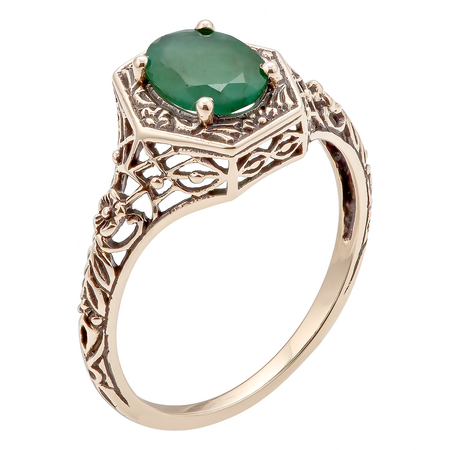 10k  Yellow Gold Vintage Style Genuine Oval Emerald Filigree Ring