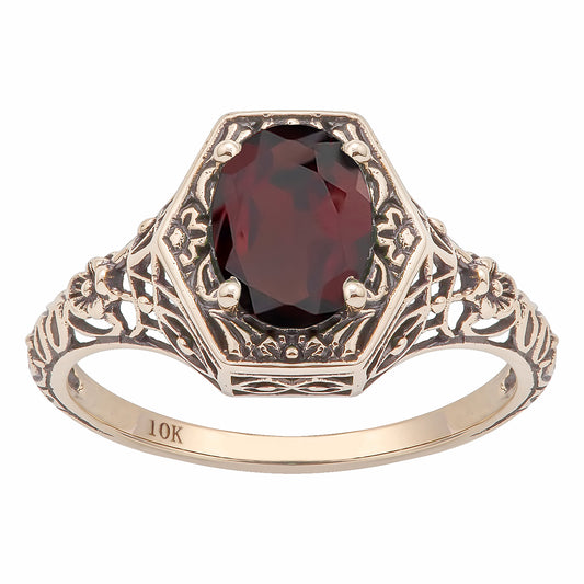 10k Yellow Gold Vintage Style Genuine Oval Garnet Filigree Ring