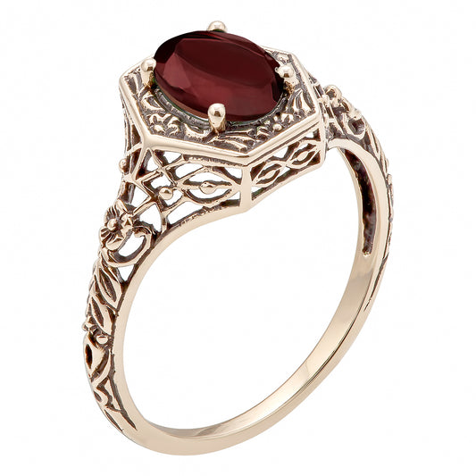 10k Yellow Gold Vintage Style Genuine Oval Garnet Filigree Ring