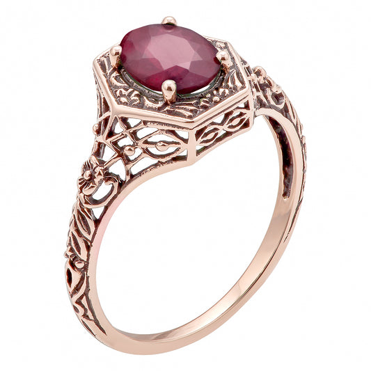 10k  Rose Gold Vintage Style Genuine Oval Ruby Filigree Ring