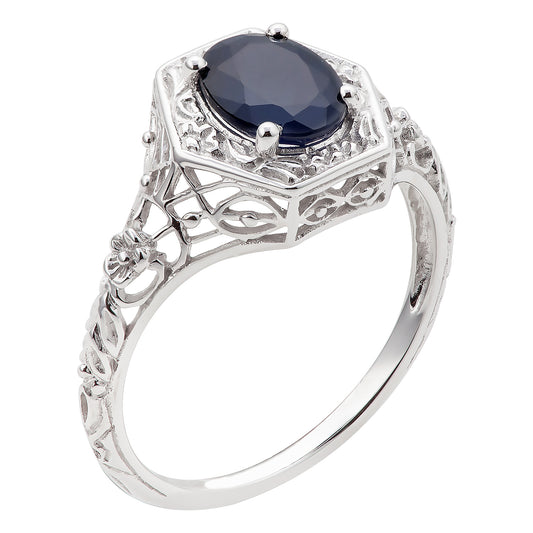 10k  White Gold Vintage Style Genuine Oval Sapphire Filigree Ring