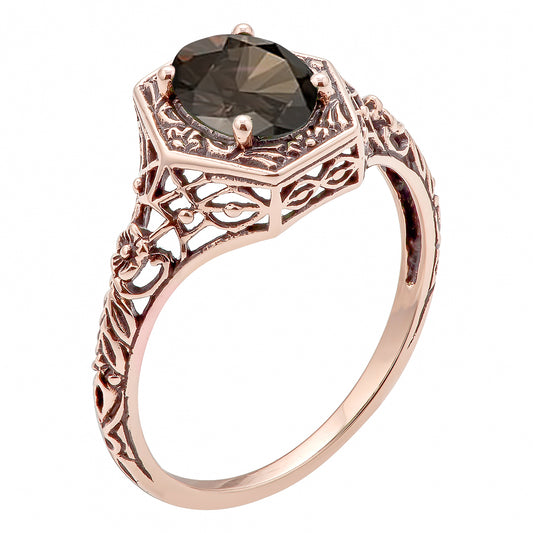 10k Rose Gold Vintage Style Genuine Oval Smoky Quartz Filigree Ring