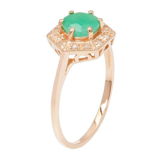 10k Yellow Gold Vintage Style Genuine Round Emerald and Diamond Halo Ring
