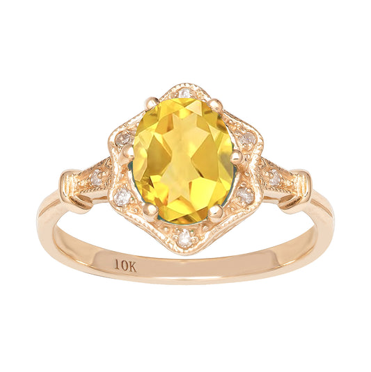10k Yellow Gold Vintage Style Genuine Oval Citrine and Diamond Halo Ring