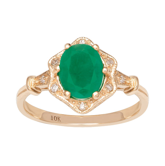 10k Yellow Gold Vintage Style Genuine Oval Emerald and Diamond Halo Ring