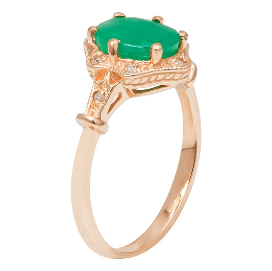 10k Yellow Gold Vintage Style Genuine Oval Emerald and Diamond Halo Ring