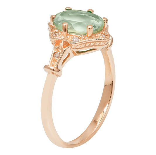 10k Yellow Gold Vintage Style Genuine Oval Green Amethyst and Diamond Halo Ring