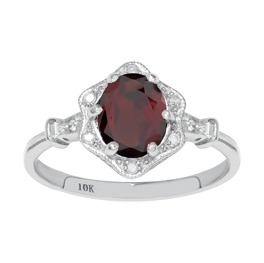 10k White Gold Vintage Style Genuine Oval Garnet and Diamond Halo Ring