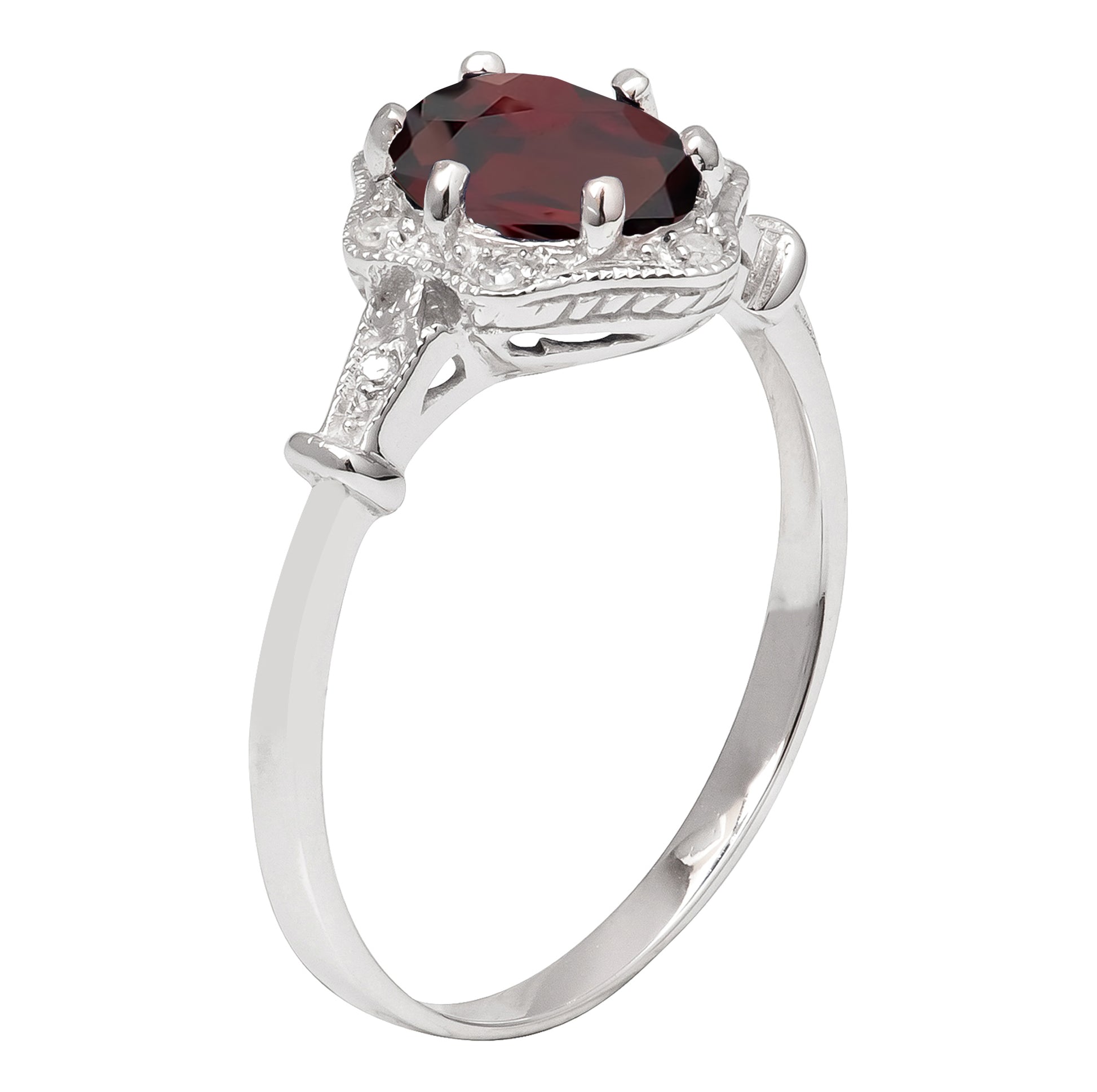 10k White Gold Vintage Style Genuine Oval Garnet and Diamond Halo Ring