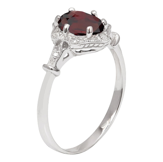 10k White Gold Vintage Style Genuine Oval Garnet and Diamond Halo Ring