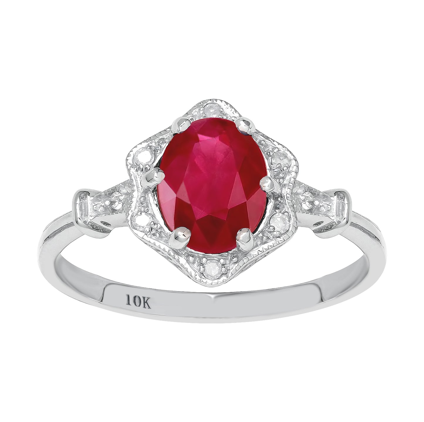 10k White Gold Vintage Style Genuine Oval Ruby and Diamond Halo Ring