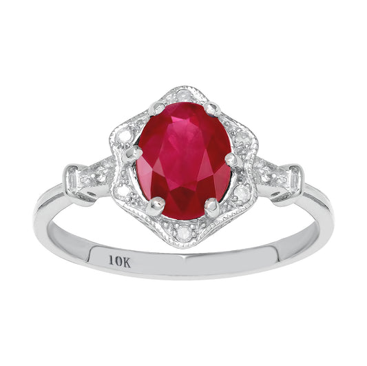 10k White Gold Vintage Style Genuine Oval Ruby and Diamond Halo Ring