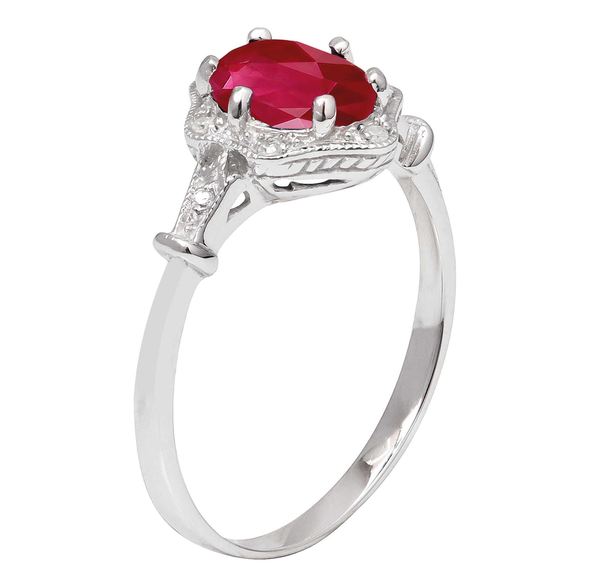 10k White Gold Vintage Style Genuine Oval Ruby and Diamond Halo Ring