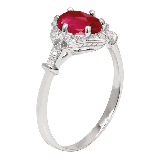 10k White Gold Vintage Style Genuine Oval Ruby and Diamond Halo Ring