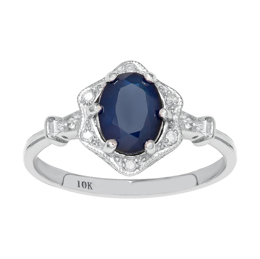 10k White Gold Vintage Style Genuine Oval Sapphire and Diamond Halo Ring