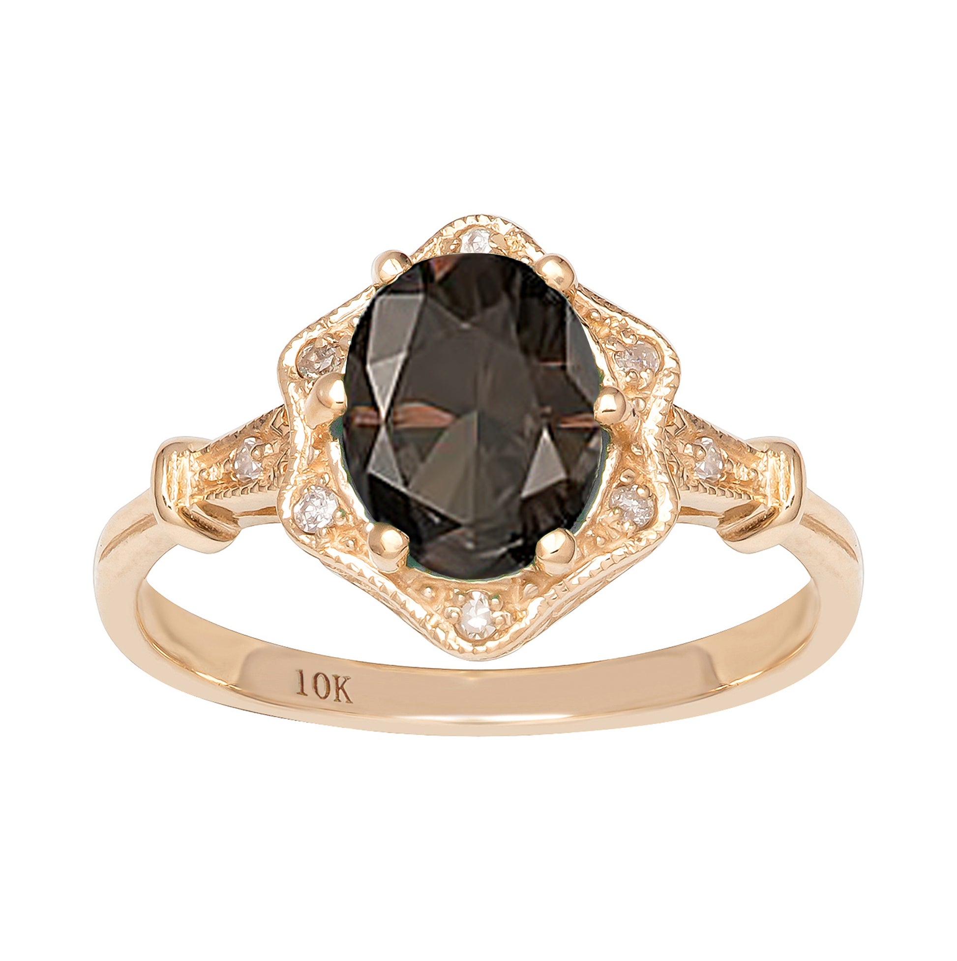 10k Yellow Gold Vintage Style Genuine Oval Smoky Quartz and Diamond Halo Ring