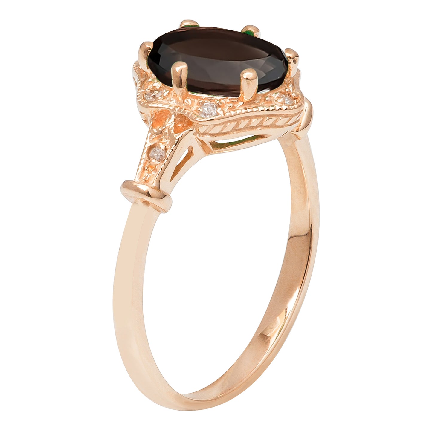10k Yellow Gold Vintage Style Genuine Oval Smoky Quartz and Diamond Halo Ring