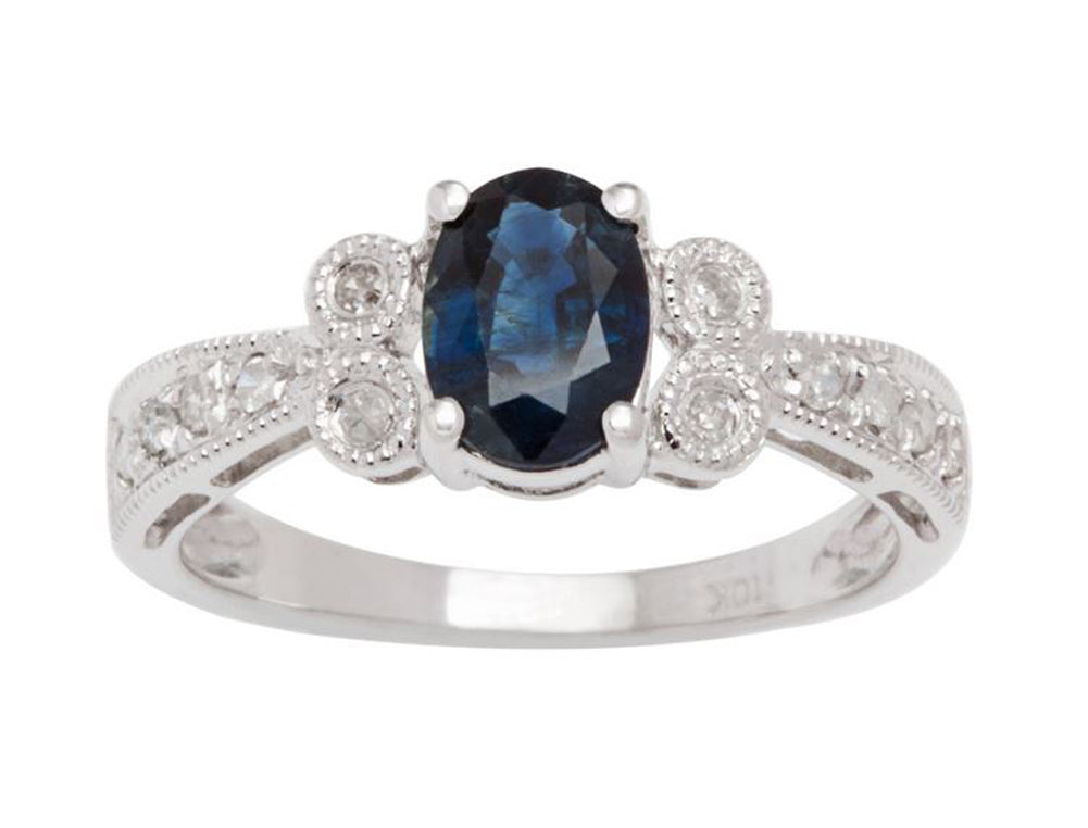 10k White Gold Vintage Style Oval Sapphire and Diamond Ring