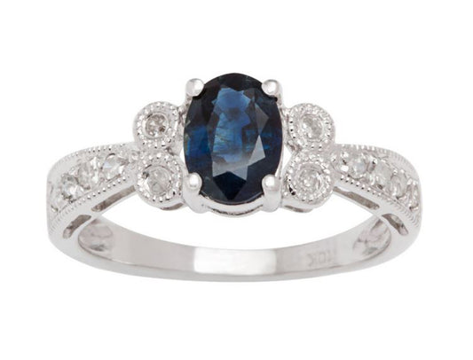 10k White Gold Vintage Style Oval Sapphire and Diamond Ring