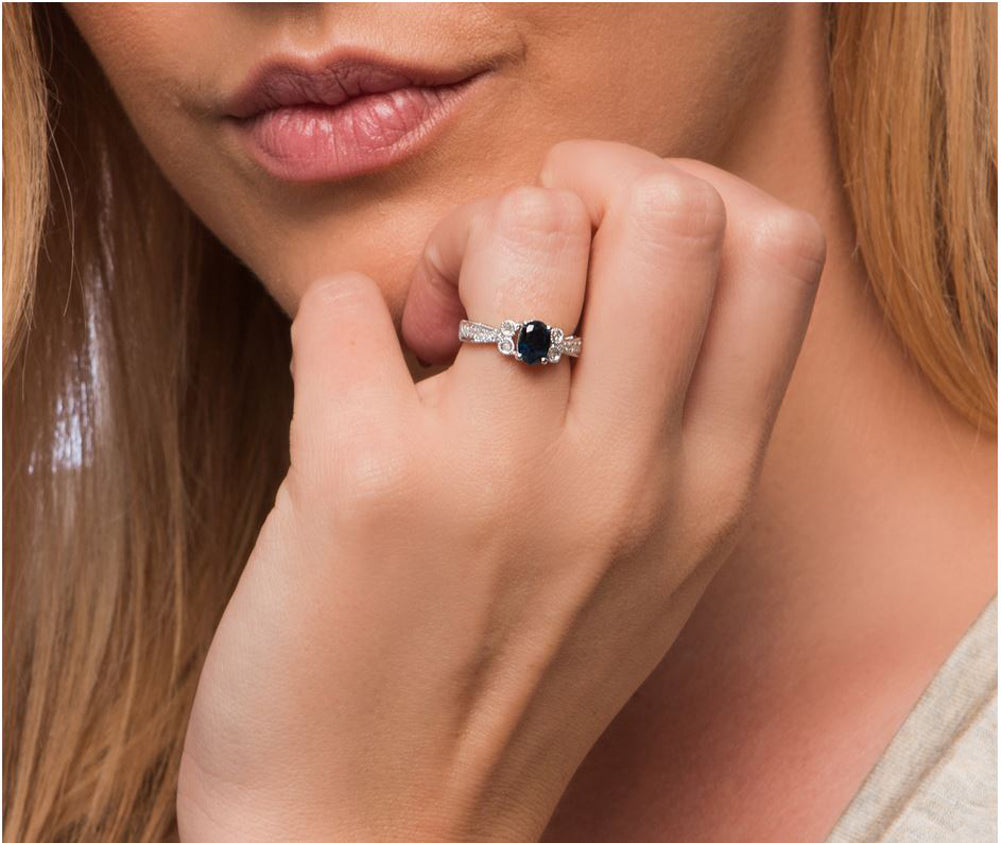 10k White Gold Vintage Style Oval Sapphire and Diamond Ring