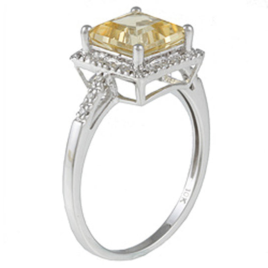 10k White Gold Square Citrine and Diamond Halo Ring