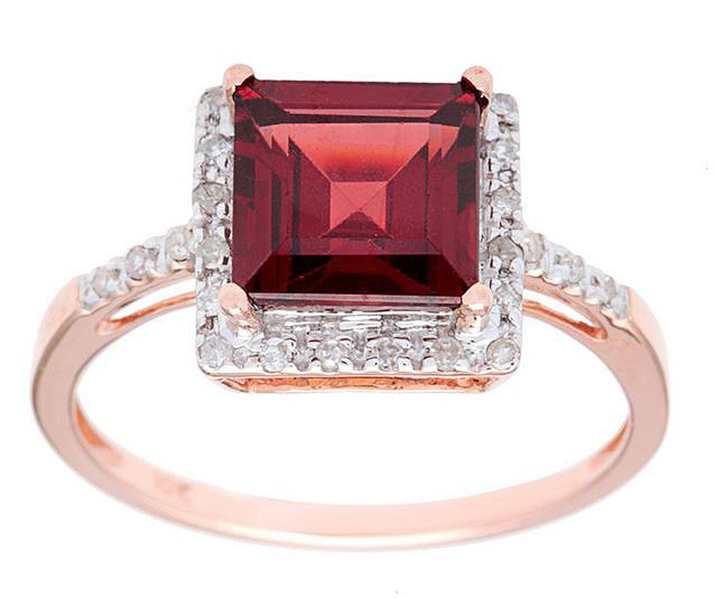 10k Rose Gold Square Garnet and Diamond Halo Ring
