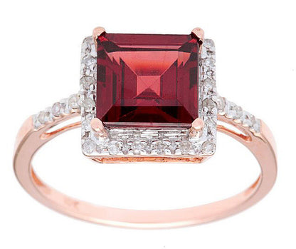 10k Rose Gold Square Garnet and Diamond Halo Ring