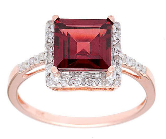 10k Rose Gold Square Garnet and Diamond Halo Ring