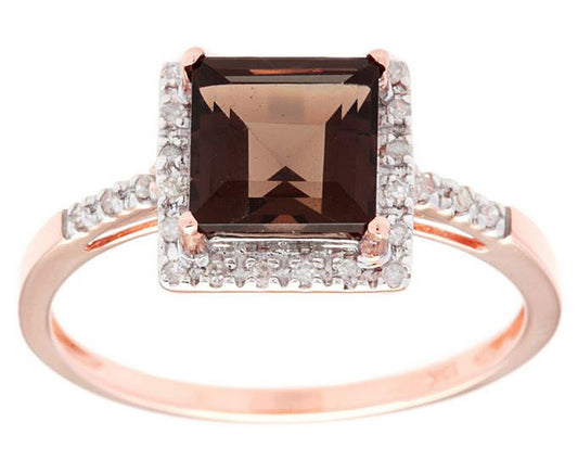 10k Rose Gold Square Smoky Quartz and Diamond Halo Ring
