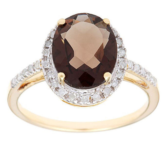 10k Yellow Gold Oval Smoky Quartz and Diamond Halo Ring