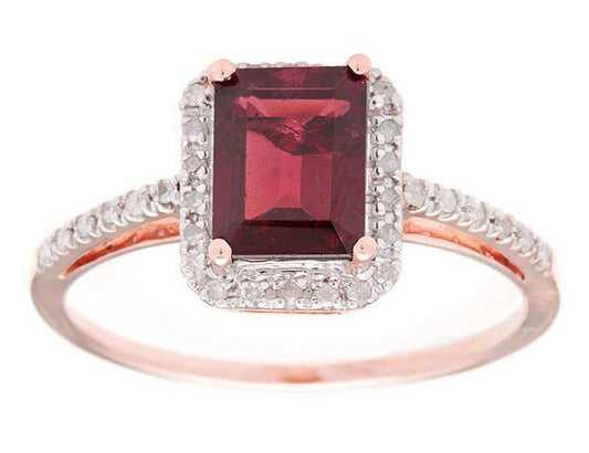 10k Rose Gold Emerald-Cut Garnet and Diamond Halo Ring