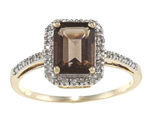 10k Yellow Gold Emerald-Cut Smoky Quartz and Diamond Halo Ring