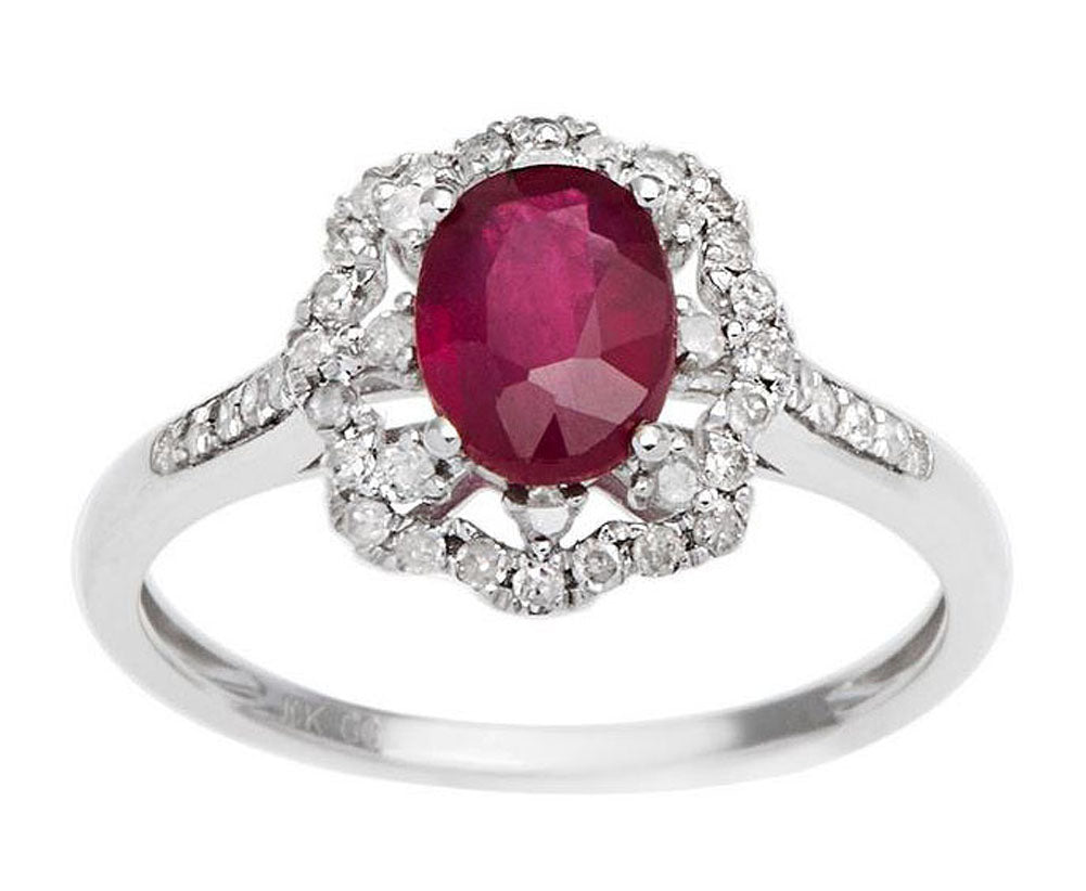 10k White Gold Vintage Style Oval Ruby and Halo Diamond Ring