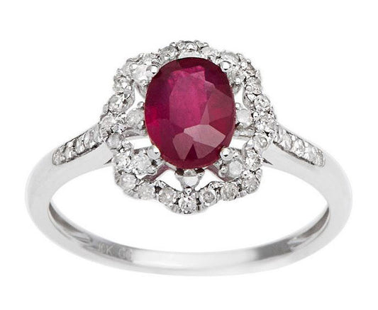 10k White Gold Vintage Style Oval Ruby and Halo Diamond Ring