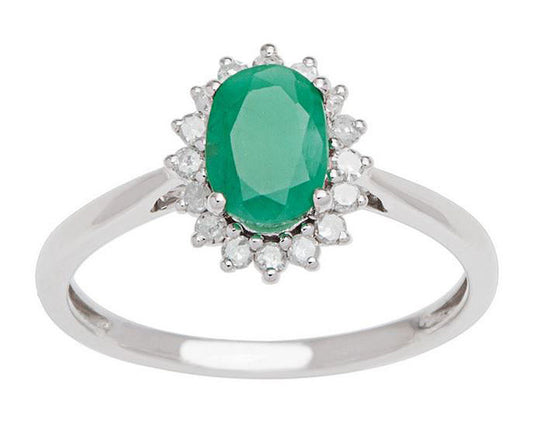 10k White Gold Oval Emerald and Halo Diamond Ring