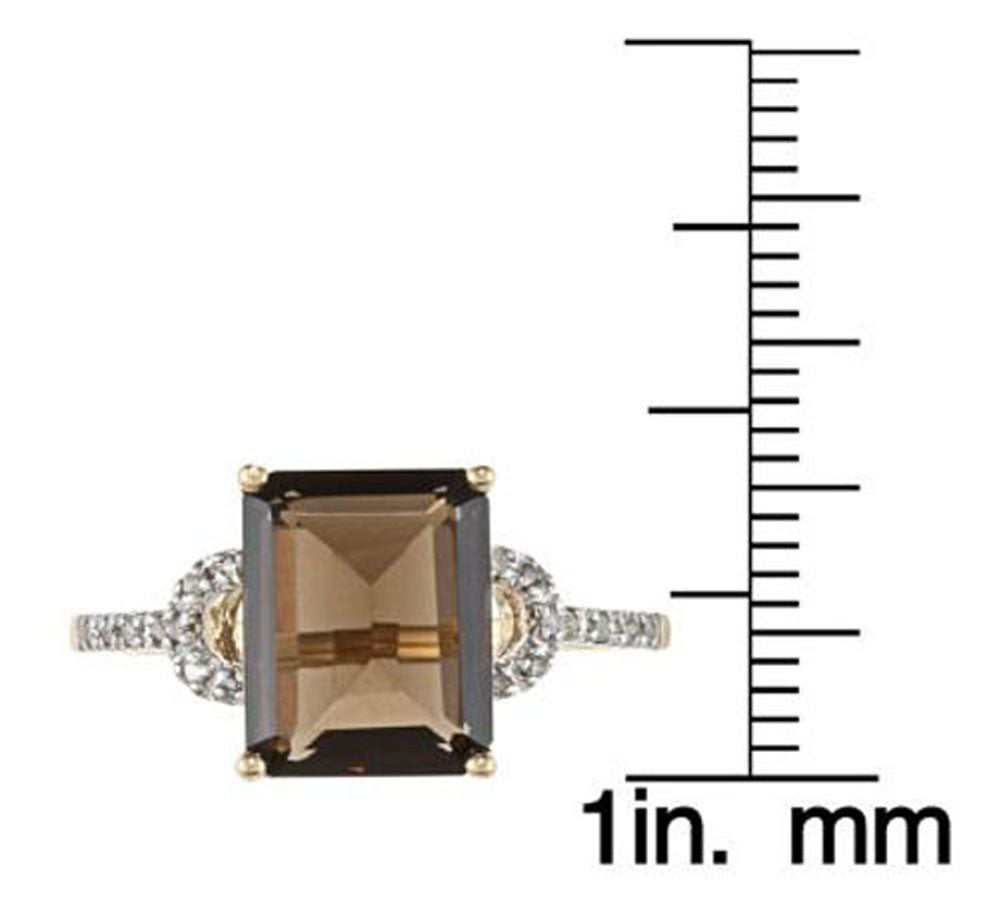 10k Yellow Gold Emerald-Shape Smoky Quartz and Diamond Ring