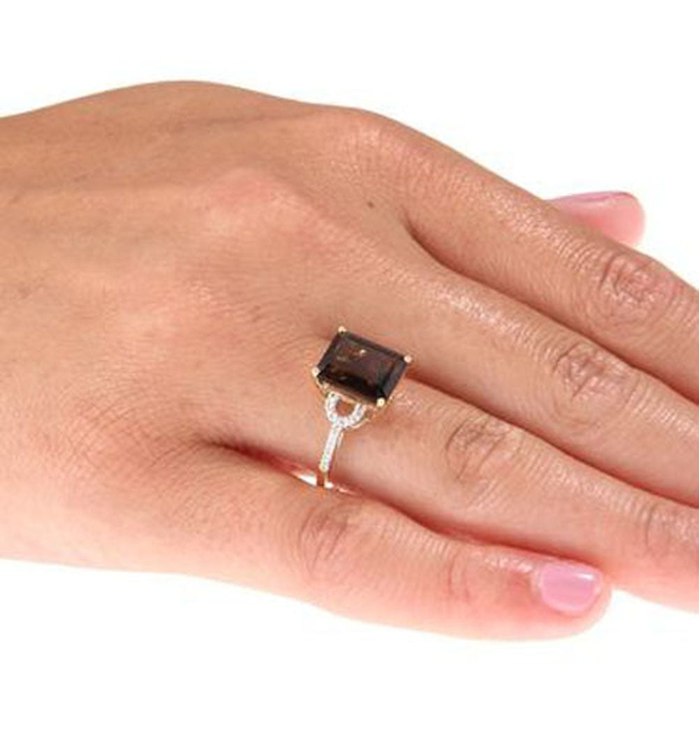 10k Yellow Gold Emerald-Shape Smoky Quartz and Diamond Ring
