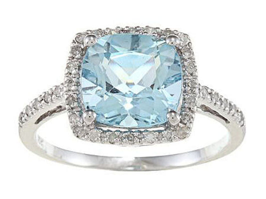 10k White Gold Cushion Blue Topaz and Diamond Halo Ring