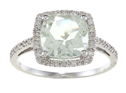 10k White Gold Cushion Green Amethyst and Diamond Halo Ring